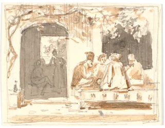 Orientals Playing Chess Outside a Turkish Coffeehouse and Barber Shop
