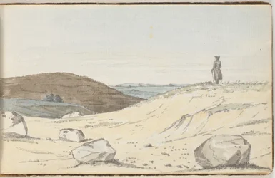 View Over a Heath or Dune Landscape. In the Foreground Some Large Hills; On One of Them Stands a Man Looking Over the Plain