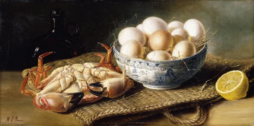 A Crab and a Bowl of Eggs on a Basket, with a Bottle and Half a Lemon