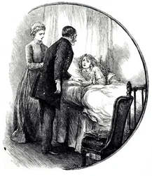 An engraving depicting a doctor visiting his young patient at home. Illustrated by Mary Ellen Edwards