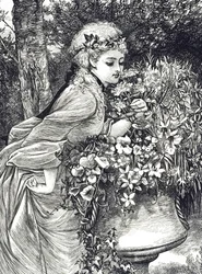 Engraving of a Young Girl Smelling Flowers