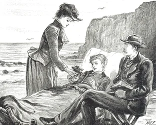 Engraving depicting a cripple boy at the seaside