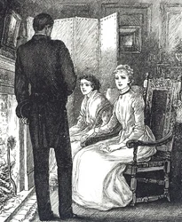Engraving Depicting Two Women Keeping Warm Beside the Fireplace
