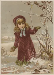 Girl taking bread to feed birds in the snow