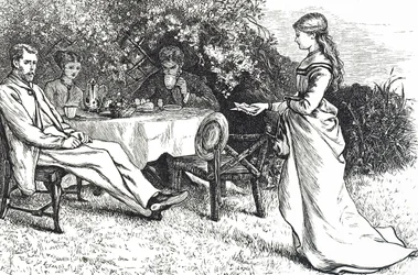 Illustration depicting a family taking breakfast in the garden