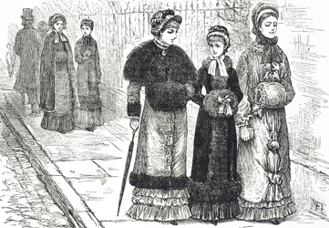 Illustration depicting young women with muffs, to keep their hands warm during the colder weather