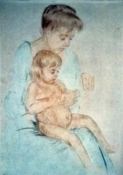 Woman holding small nude child on lap while manicuring her fingernails, c. 1904. Mary Cassatt (1844-1926), American painter and printmaker who from 1866 lived mainly in France. Domestic, Mother, Child