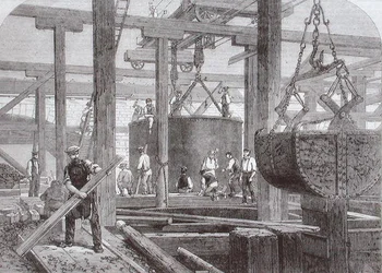 View of construction work taking place at Blackfriars Bridge for the London, Chatham and Dover Railway showing the sinking of a cylinder for one of the circular stone piers