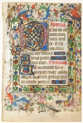 Leaf from a Book of Hours: Decorated Initial D[eus] with Foliated Border, 1430s