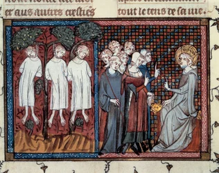 Executions ordered by Enguerrand IV de Coucy. Louis IX rendering justice. Miniature of Mahiet in 