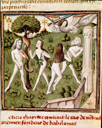 Adam and Eve picking the forbidden fruit. Miniature of the Master of the Champion of Ladies from the manuscript 