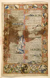 Geometric full-page borders of rhomboids, roundels, and quatrefoils inhabited by animals and figurative scenes: Birds, reptiles and animals, including lions attacking other creatures and birds fighting each other, a cockerel, an owl, a snake, and a hare