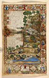 Geometric full-page borders of rhomboids, roundels, and quatrefoils inhabited by animals and figurative scenes: Shepherds watching over sheep and goats and fighting off wolves, a red devil standing on horseback in the border, from a Treatise