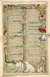 Cannibals, a walled town, and exotic animals including a giraffe, lion, camel, and elephant, from a Treatise on the Virtues and Vices, and an anonymous prose history of Sicily (fragment)