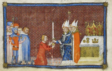 Cotton Tiberius B. VIII f.49v The Archbishop of Reims returning the sword to the King, illustration from 