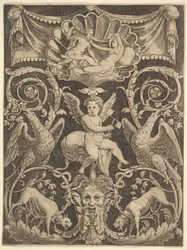 A Panel of Ornament with a Putto in the Centre Holding a Windmill, 1532