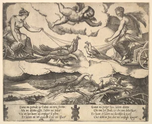 Allegory of Marriage and Love, Juno in a chariot drawn by peacocks at left, Venus in a ..., 1530-60