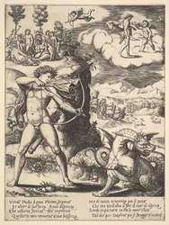 Apollo standing at left shooting a python with an arrow, above to the left are the muses, 1530-60