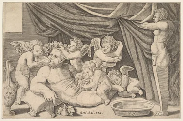 Bacchus surrounded by Putti, a statue of Priapus at right, 1530-60