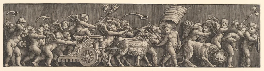 Frieze arrangement depicting the Triumph of Love, Cupid in a Chariot led by goats, man, 1530-60