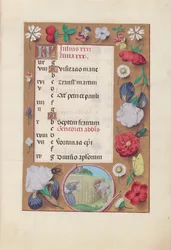 Hours of Queen Isabella the Catholic, Queen of Spain: Fol. 8r, July - Harvesting Wheat