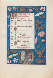 Hours of Queen Isabella the Catholic, Queen of Spain: Fol. 9r, August - Threshing Wheat, c. 1500