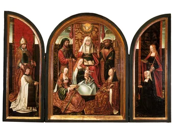 A Canon with St. Livinus (left wing), The Family of St. Anne (centre panel), Donor with St. Elizabeth (right wing), The Annunciation (closed) c.1500-10