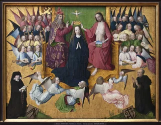 The coronation of Mary. Representation of the Holy Trinity: God, Jesus Christ and the dove of the Holy Spirit. Painting of the Master of the Lyversberg Passion (active 1460-1490), early German art of the 15th century. Munich, Alte