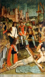 Christ nailed to the Cross with a Donor with his Arm in a Sling presented by a Priest