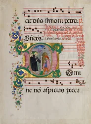 Manuscript Leaf with Saint Benedict Resuscitating a Boy in an Initial D, from an Antiphonary