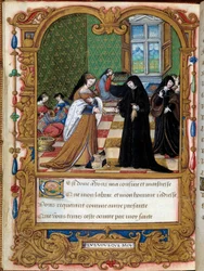 Margarita of Angouleme (1492-1549) Queen of Navarre presents her book to the Duchess of Etampes and favorite of Francois I Anne Pisseleu. Page taken from the manuscript La coche ou Debat d