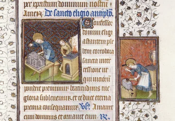 St. Eligius Making a Shrine; St. Eligius at an Anvil, from a Book of Hours