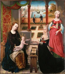 Virgin with child and donor, child playing with a string or jewels; Saint Barbara behind donor; landscape in background