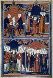 Order of the Consecration and Coronation of the Kings of France: The king in the tunic, the mantle, and the crown on which all the peers lay their hands; the archbishop embraces him. Miniature taken from "L