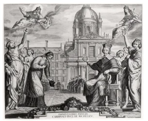 Robert de Sorbon (1201-94) and Cardinal Richelieu (1575-1642) in Front of the Sorbonne, engraved by Grégoire Huret (1606-70), 1639