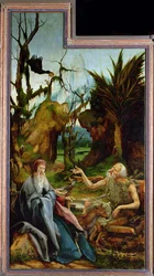 The Isenheim Altarpiece. Left wing: Meeting of Saint Anthony and Saint Paul the Anchorite in the Desert