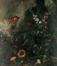 Hollyhocks, Roses, a Blue-Lace Flower, Sunflower and Toadstools, with Marigolds in an Urn by a Tree