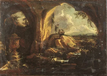Interior of a Grotto with an Antique Vase and Ruins, Three Pilgrims at the Entrance