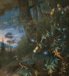 Forest Floor Still Life with a Frog and a Mushroom, Mountains Beyond