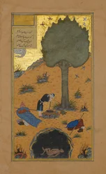 How a Braggart was Drowned in a Well, Folio 33v from a Haft Paikar, ca. 1430