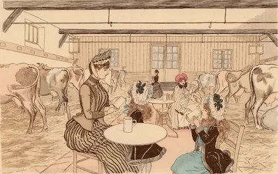 Mothers taking their children to dairy, Paris, France