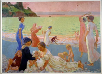 September evening: Young women and children on the beach at the end of the day, mother breastfeeds, others play snowshoes, 1911