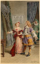 Backstage at Scapin, Armande, Baron and Moliere (illustration)