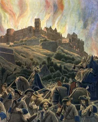 The Fire of the castle of Heidelberg bombed by the French forces of General Ezechiel du Mas, Count of Melac during the War of the League of Augsburg in 1689 and 1693. Chromotypography in Le Roy Soleil (Louis XIV) by Gustave Toutwelve, Illu