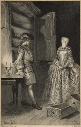 The Discovery of the Theft - in "Histoire de Manon Lescaut et du chevalier Des Grieux" by Abbé Prévost (1697-1763), French writer. Engraving after drawings by Maurice Leloir (1885).