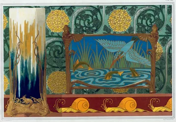 Designs for Bronze Vase Support, Wallpaper and Border, and Enamel and Bronze Jardiniere from 