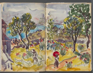 Sketchbook - The Granite Shore Hotel, Rockport, pages 118 and 119: Garden View with Notations