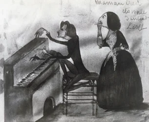 Caricature of Franz Liszt and George Sand in Nohant in 1832