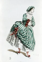 Costume and mask of Colombine (Corallina) in 1855, female character in the commedia dell
