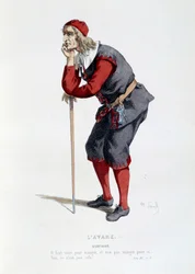 Costume for the character of Harpagon in the play “The Miser” by Molière (Jean-Baptiste Poquelin). Illustration by Maurice Sand (1823-1889), 19th century, Paris, Comédie-Française